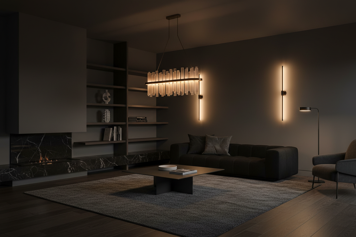 create a furniture of a quiet luxury/ minimalist home. It should include some lights because the store sells lights, also make the whole theme dark 